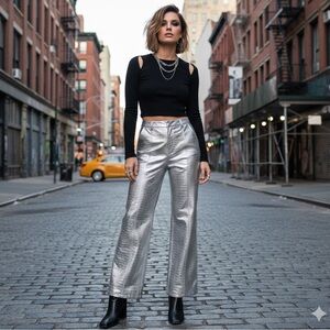 Anthropologie Avec Les Filles Metallic High Waist Crop Wide Leg Croc Embossed 4